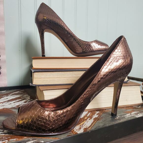 Pre-Owned Enzo Angiolini Heels Merry Ann Bronze Leather Peep Toe Pumps US W6.5 - Picture 1 of 10